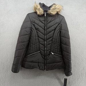 Celebrity Pink Coat Womens Small Black Fitted Streetwear Quilted‎ Faux Fur Hood
